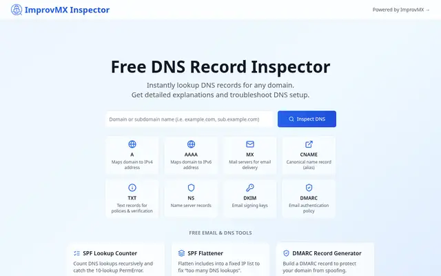 Screenshot of inspector.improvmx.com